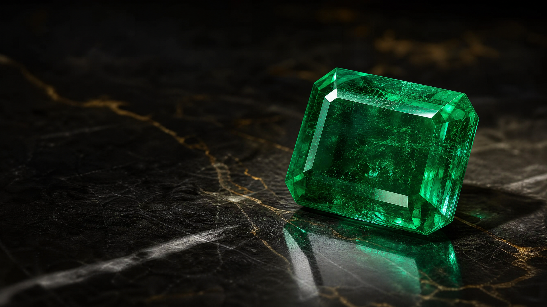 Flawless Colombian emerald on black marble