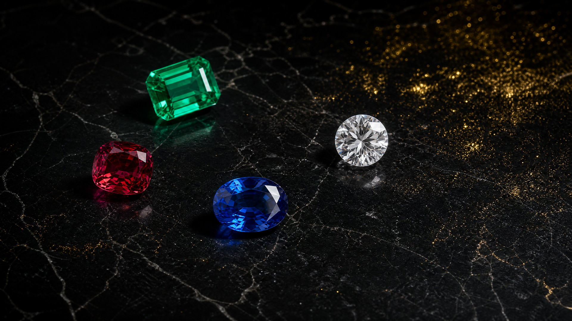 Four precious gemstones on black marble
